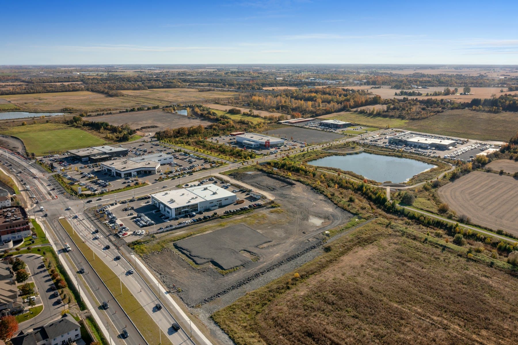 Industrial estate with warehouses and roads from the air