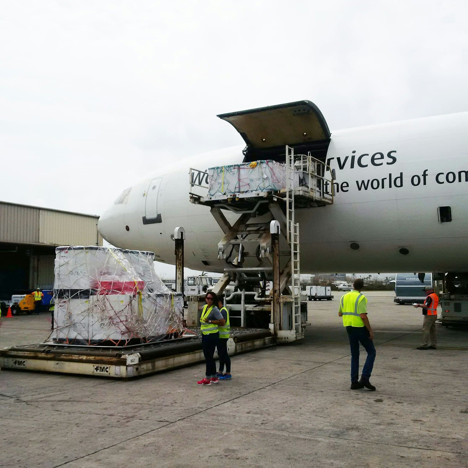 Ground crew loading cargo into a freighter aircraft
